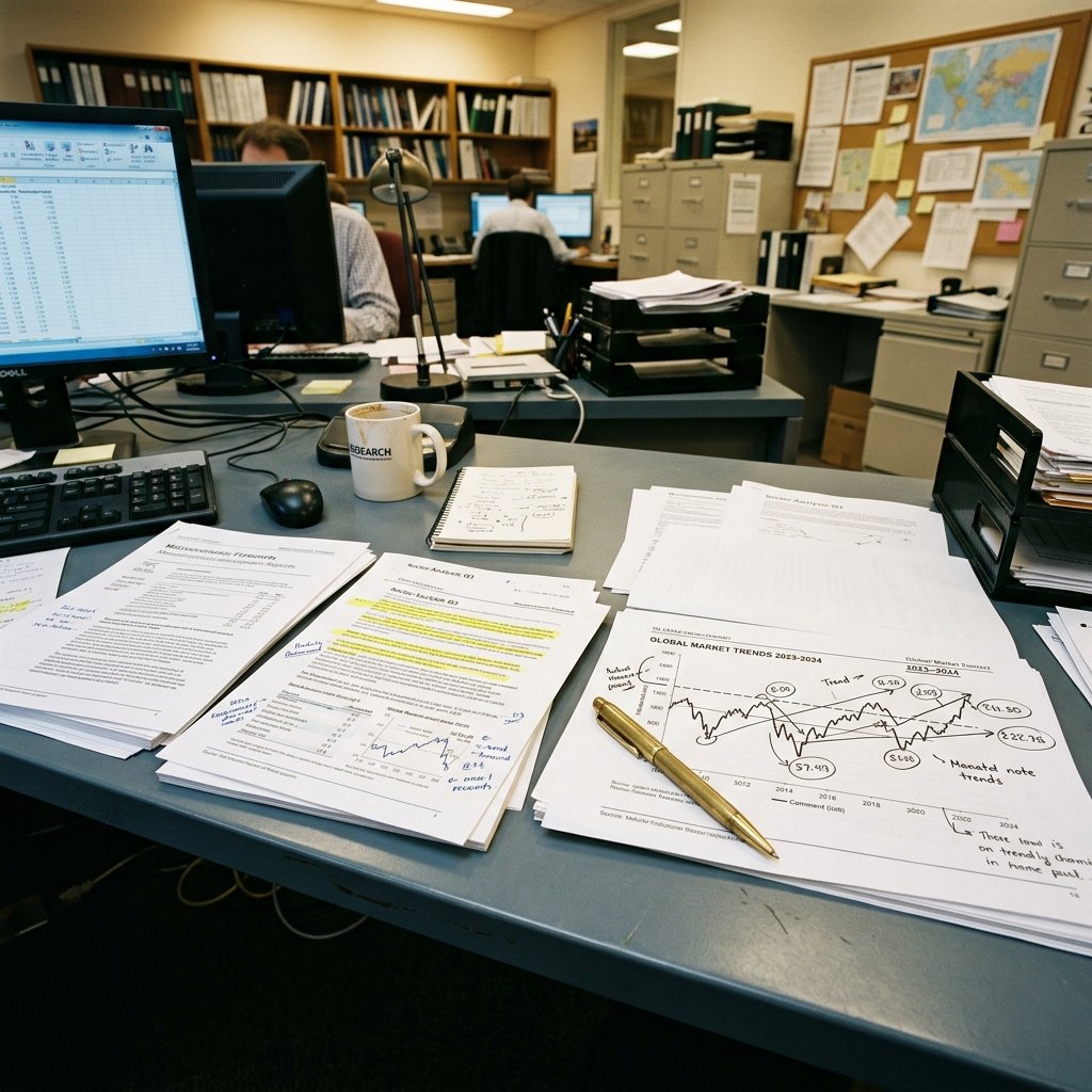 Bloomberg terminal desk, low light, printed research pages, espresso