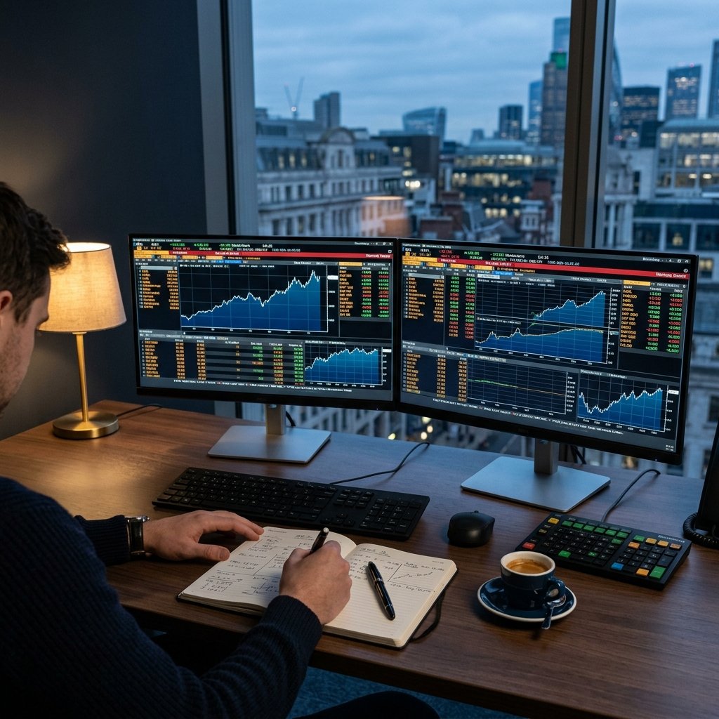 Trading desk at dusk — monitor glow, open notebook, espresso